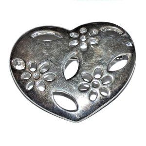 Vintage PRECO Signed Heart Brooch Silver Tone Cutout Flowers & Leaves